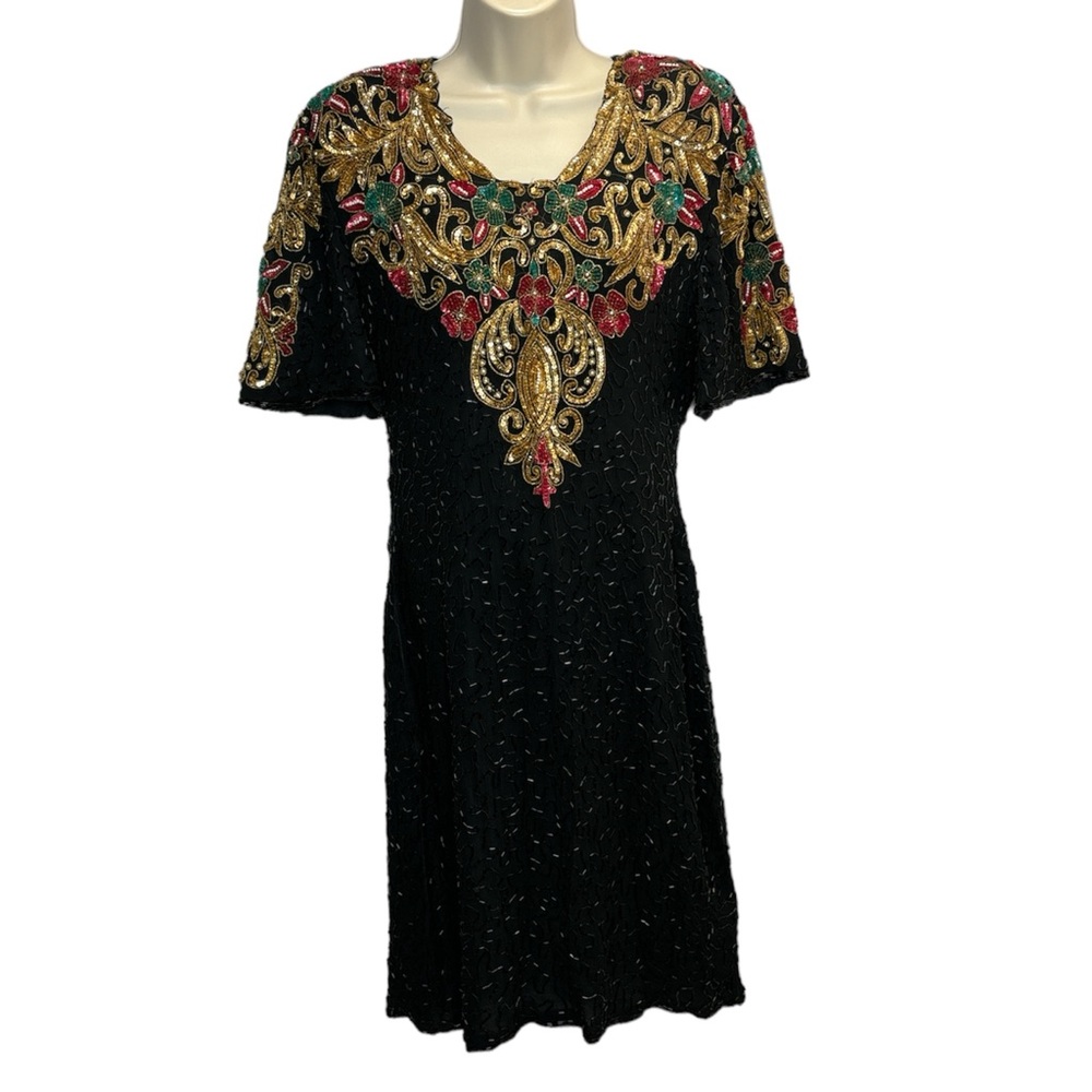 Vintage Star & Style Sequin Holiday Cocktail Trophy Dress Size L 100% Silk